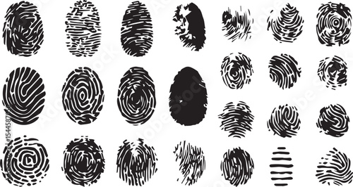 set of Vector Black Fingerprint Silhouette on Clean White Background – Grunge Thumbprint Sign and Identity Symbol Graphic for ID Design and Illustration
