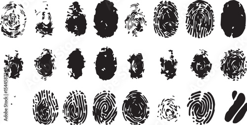set of Detailed Black Fingerprint in White Background – Grunge Thumbprint Sign and Fingerprint Silhouette for Identity Graphic and Digital Illustration
