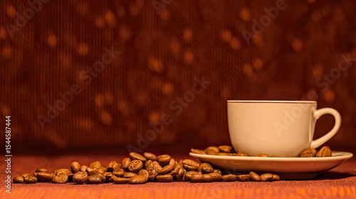 A cup of coffee and some coffee beans on the table 