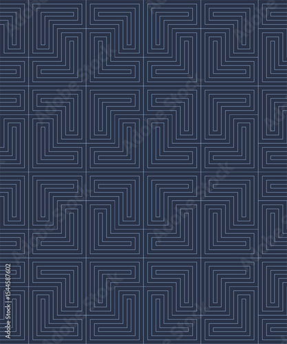 Endless chevron pattern in soft blue over black grid structure vector graphics. Fine linear design blends Arabic symmetry with modern style. Perfect for subtle wallpapers or abstract tech visuals