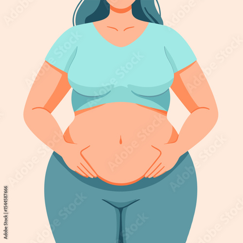 Fat woman lovingly holding her belly, obesity unhealthy