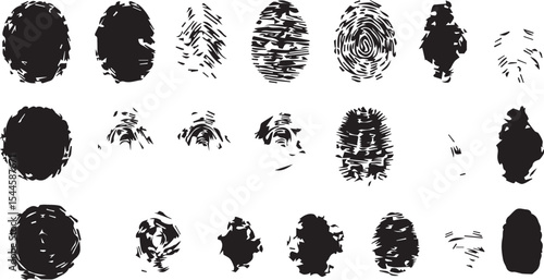 set of Black Fingerprint Icon on White Background – Grunge Thumbprint Silhouette Representing Identity Symbol and Vector Graphic Element for ID Design
