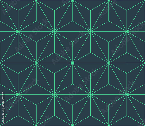Vector clean geometric pattern of triangular mint lines over dark ground. Repetitive and elegant, inspired by crystalline and hex tech shapes. Ideal for decoration, luxury branding, abstract arts