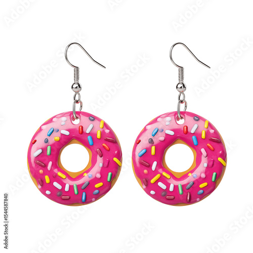 Pink donut-shaped dangle earrings with multicolor sprinkles