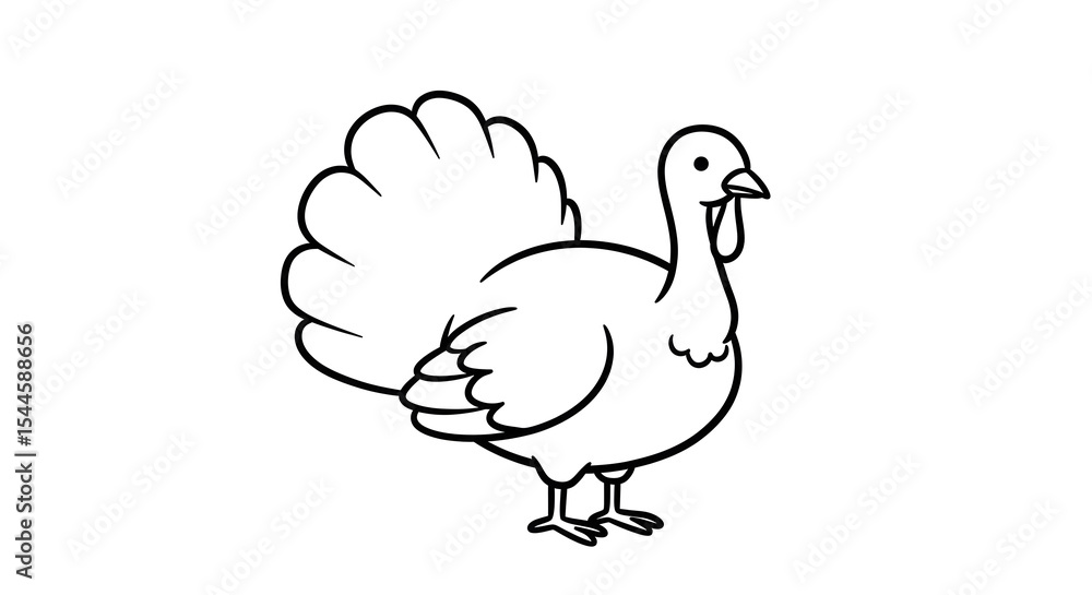 A simple black and white illustration of a standing turkey with a fanned tail. A simple black and white illustration of a standing turkey with a fanned tail.