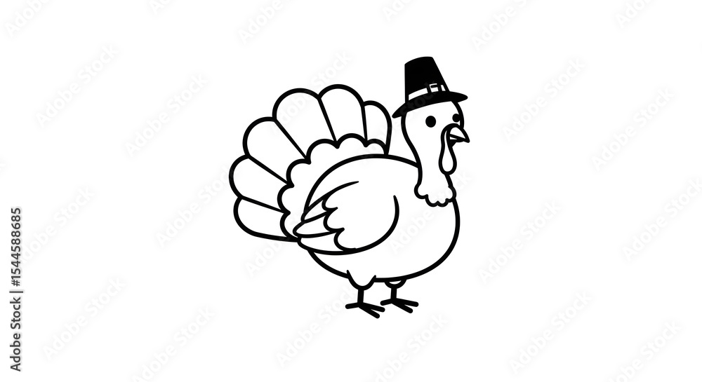 Fototapeta premium A cartoon turkey wearing a pilgrim hat, standing on a white background.