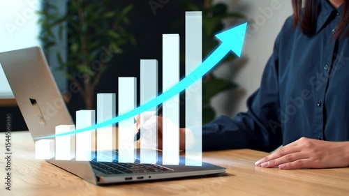 Business professional tracing upward growth on digital bar chart with stylus, laptop, modern office, dynamic animation
