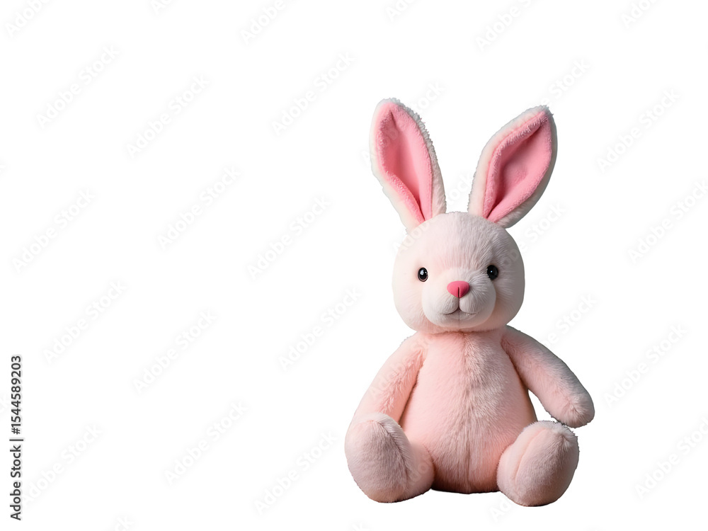 Obraz premium Pink Plush Bunny Rabbit Toy Sitting Soft Fur Long Ears Cute Adorable Childrens Plaything isolated on a transparent background