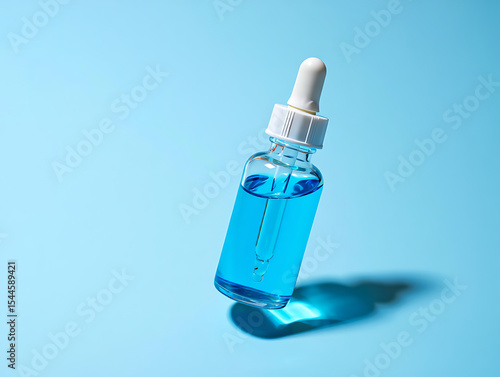 Blue liquid in a dropper bottle on light blue background