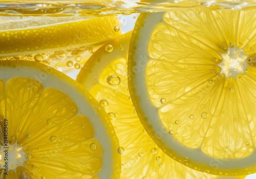 Close up of lemon slices submerged in water with bubbles creating a refreshing and vibrant scene