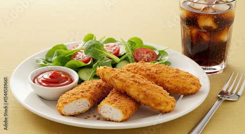 Plate of crispy chicken tenders with salad ketchup and a glass of cola with ice cubes on a table