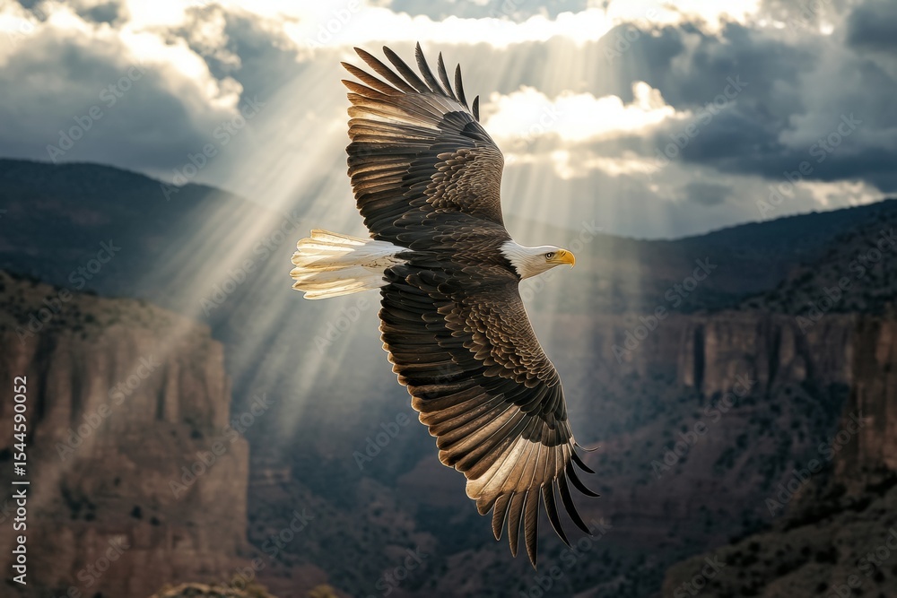 Fototapeta premium A powerful eagle glides gracefully high above a vast canyon, with beams of sunlight piercing through the clouds, creating a dramatic natural display at a moment of tranquility