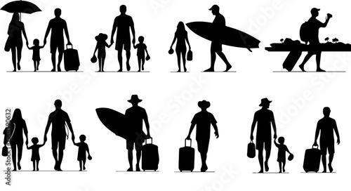 flat black silhouette illustrations of people enjoying summer holiday at the beach, including swimming, sunbathing, playing with beach ball, surfing, kids building sandcastles, isolated on white
