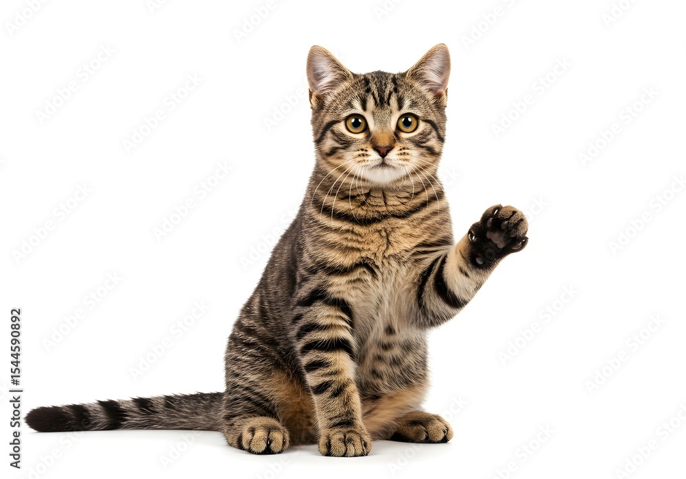 Fototapeta premium Charming Gray Tabby Kitten with Green Eyes Sitting on a White Background
