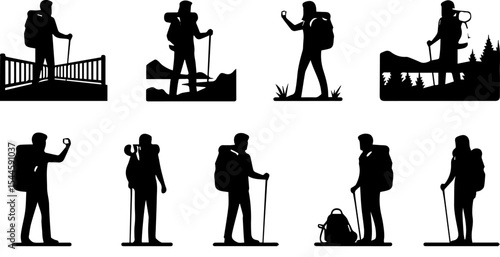 black flat silhouette illustrations of travelers with backpacks, sightseeing, taking selfies in nature, hiking to a viewpoint, isolated on white, minimal flat vector