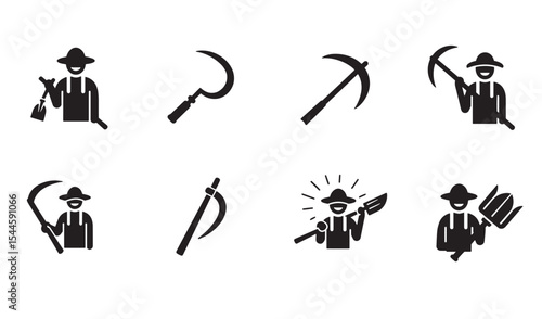 Black icon set depicting farmers and various agricultural farming tools on white