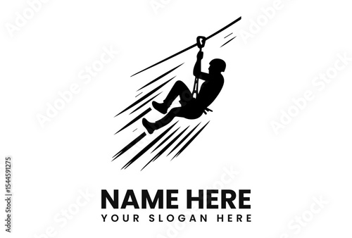 Silhouette of a person zip-lining, dynamic motion lines suggesting speed and adventure.