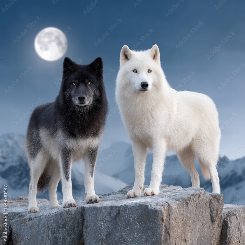 Obraz premium Two majestic wolves, one black and one white, stand powerfully on a high peak under the glow of a full moon in a high-fidelity rende.