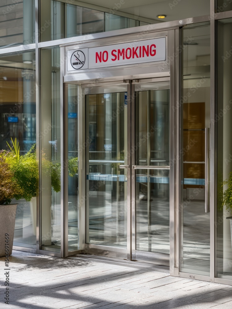 Naklejka premium Transparent Office Door With Anti Smoking Notice