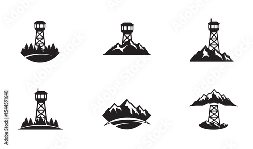 Collection of black and white mountain and fire lookout tower logo designs