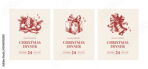 Christmas dinner invitation cards with hand drawn holiday candles, gift box, bells, ribbons. Festive mood, elegant vintage style. Vector sketch illustration.