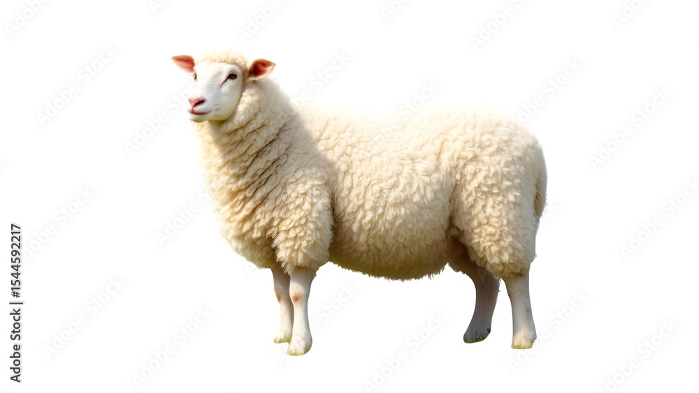 Fototapeta premium A fluffy white sheep standing in a field isolated on transparent background