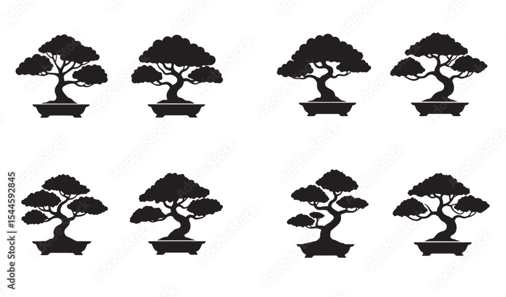 Naklejka premium Collection of stylized black bonsai tree silhouettes on white background with various shapes