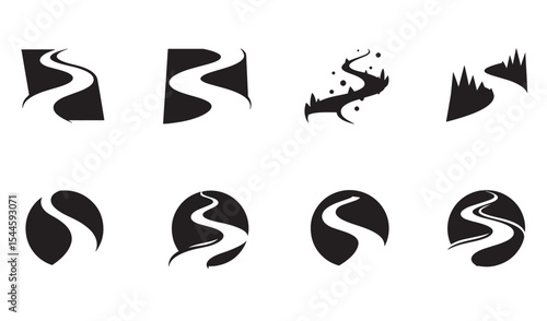 Collection of winding road logos and icons in diverse shapes and creative styles