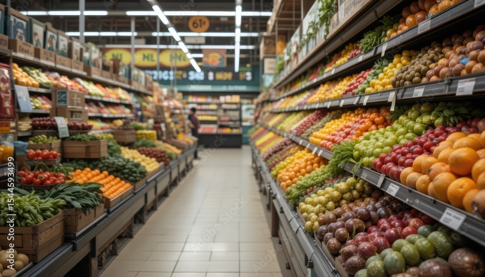 The stores brightly lit fruit and vegetable section is full of fresh goods. Bright rows with cauliflower, grapes and lemons The stores brightly lit fruit and vegetable section is full of fresh goods. Bright rows with cauliflower, grapes and lemons