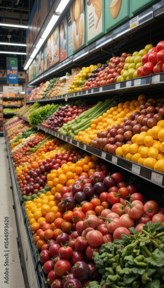 The stores brightly lit fruit and vegetable section is full of fresh goods. Bright rows with cauliflower, grapes and lemons The stores brightly lit fruit and vegetable section is full of fresh goods. Bright rows with cauliflower, grapes and lemons