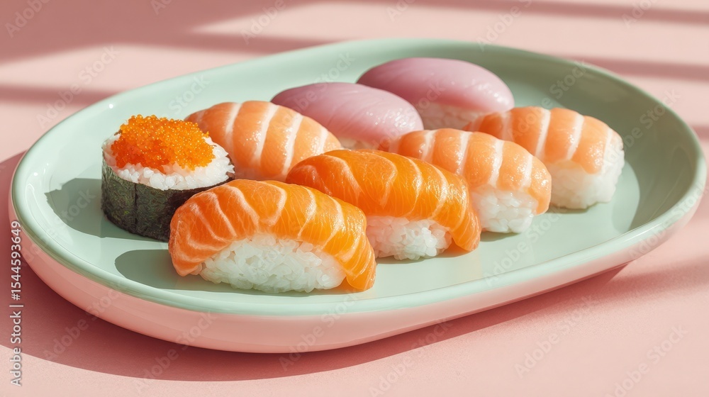 Delicious Salmon and Uni Sushi Platter on Pastel Green Plate Fresh Seafood Japanese Cuisine Healthy Meal Delicious Salmon and Uni Sushi Platter on Pastel Green Plate Fresh Seafood Japanese Cuisine Healthy Meal