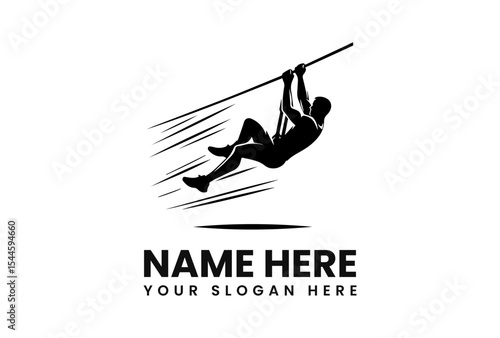 Silhouette of a person ziplining across a line, with speed lines.