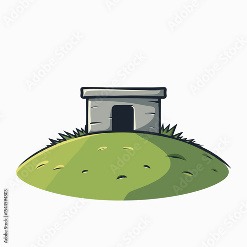 Cartoon Stone Structure on Green Hill Illustration, Ancient Building on a Mound