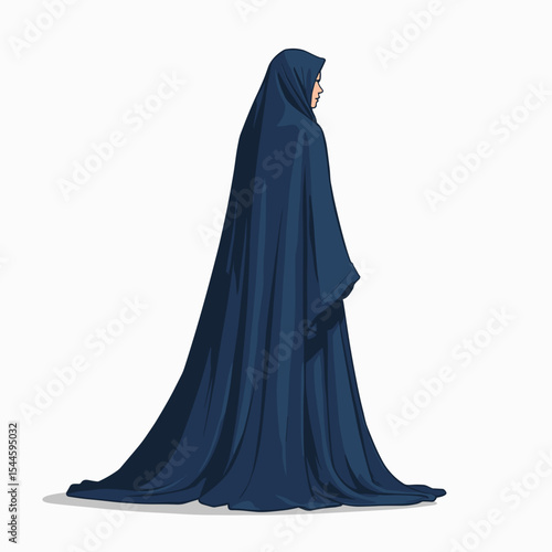 Illustration of a Muslim Woman Wearing a Dark Blue Niqab, Full Islamic Dress, in Vector Style