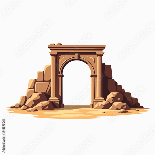 Illustration of an Ancient Stone Archway Ruins with Eroded Walls and Sandy Ground, Vector Graphic