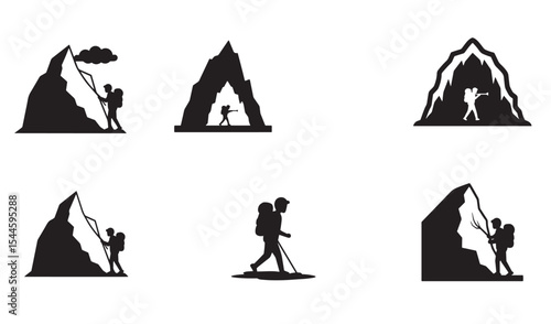 Set of mountaineering icons depicting hiking climbing adventure silhouette black and white illustrations