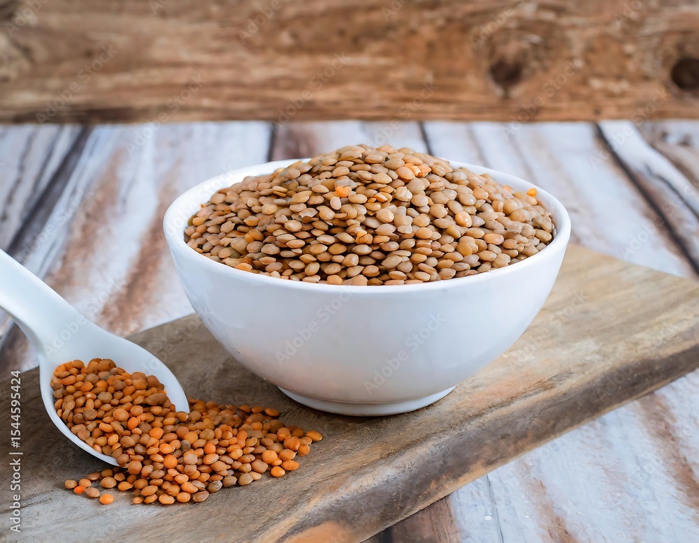 Bowl of Raw Lentils on Rustic Wooden Table with Spilled Spoonful Bowl of Raw Lentils on Rustic Wooden Table with Spilled Spoonful