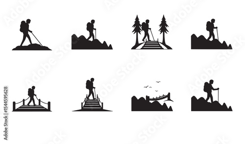 Silhouette collection of hikers exploring diverse landscapes depicting adventures and outdoor activities