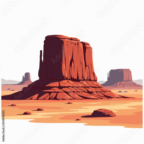 Monument Valley Landscape Illustration with Red Rock Buttes and Desert Scenery, Arizona and Utah Border