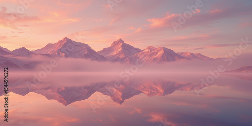 A serene landscape featuring mountains reflected in a calm body of water at sunset