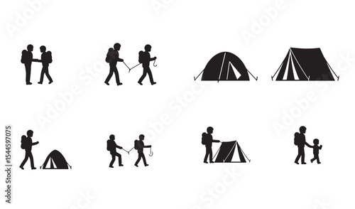 Simple black and white silhouettes depicting various camping and hiking activities