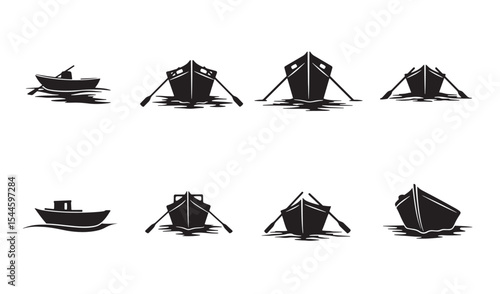 Simple set of black and white rowing boats silhouettes for design and decoration