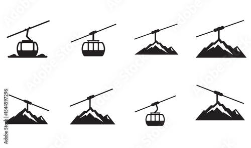 Vector icon set of ski lift gondolas and cable cars with mountain backgrounds