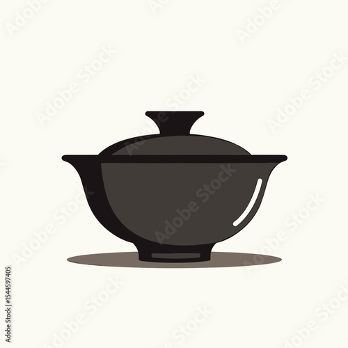 Elegant Black Gaiwan Tea Cup with Lid Illustration on Cream Background, Traditional Chinese Tea Ceremony Vessel