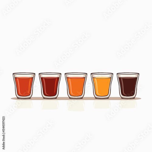Five Shot Glasses Filled with Different Colored Liquids, Arranged in a Row, Vector Illustration