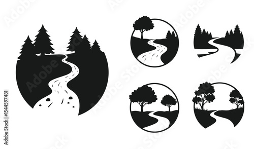 Vector illustrations of a river flowing through a forest and trees within circular frames in black and white