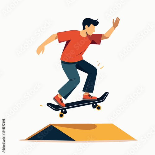 Skateboarder Performing a Jump on a Ramp: Dynamic Action Sports Illustration with Clean Lines