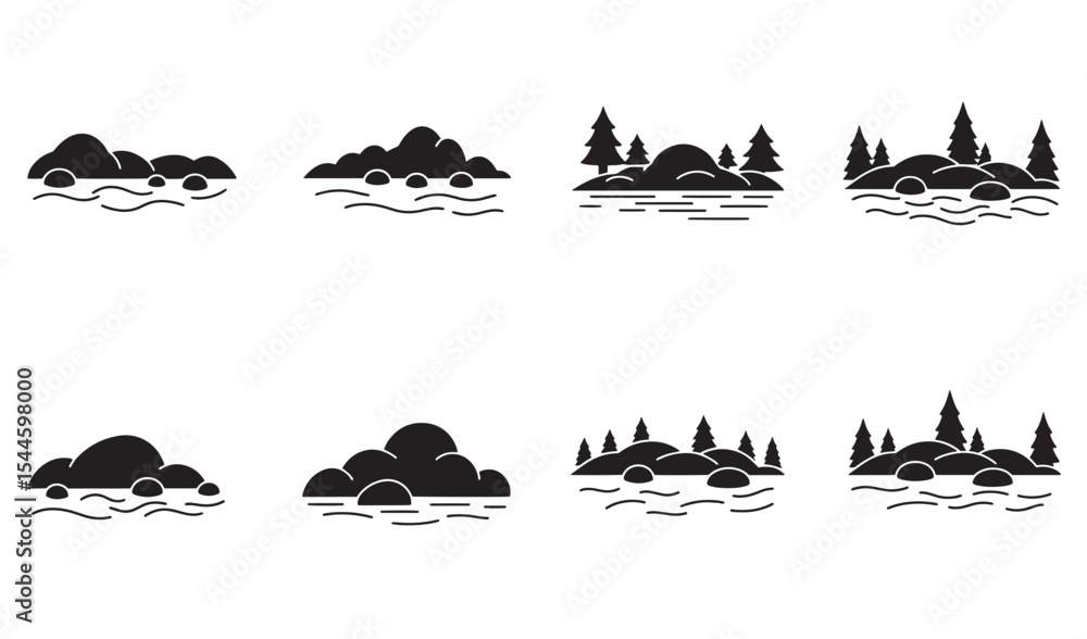 Fototapeta premium Vector illustrations of river landscapes with rocks trees and simple black silhouette art