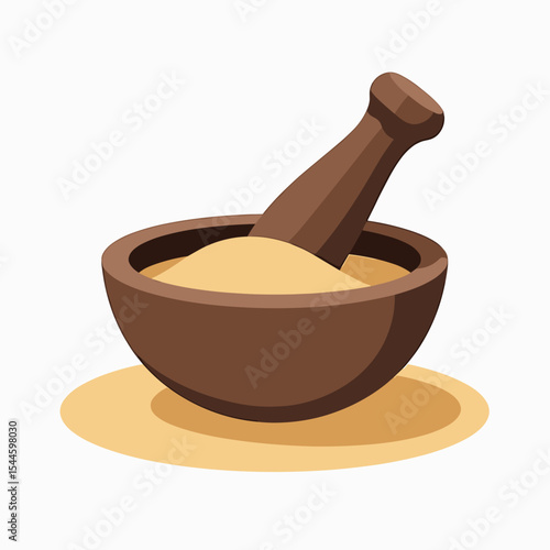 Illustration of a Wooden Mortar and Pestle with Ground Herbs or Spices for Cooking and Culinary Purposes