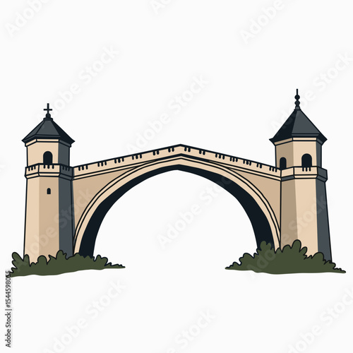 Illustration of a Stone Bridge with Towers and Arches, Spanning a Gap with Bushes at the Base